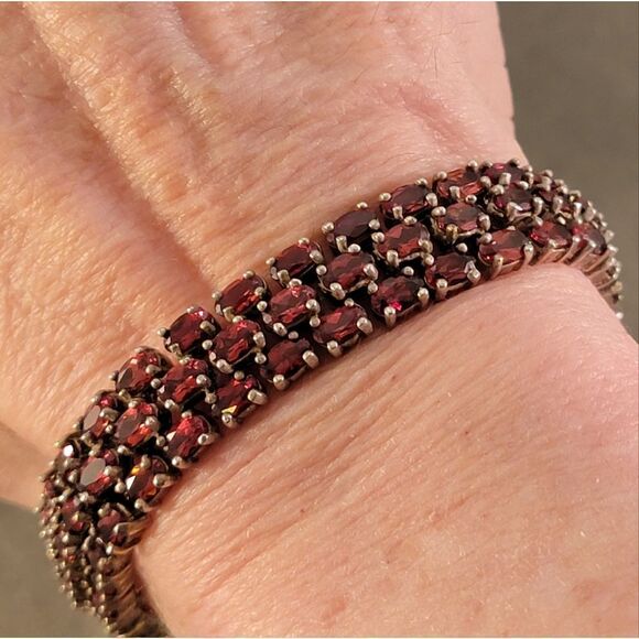 Dee Berkley Sterling Red Garnet Triple Row Tennis Bracelet - Picture 3 of 9